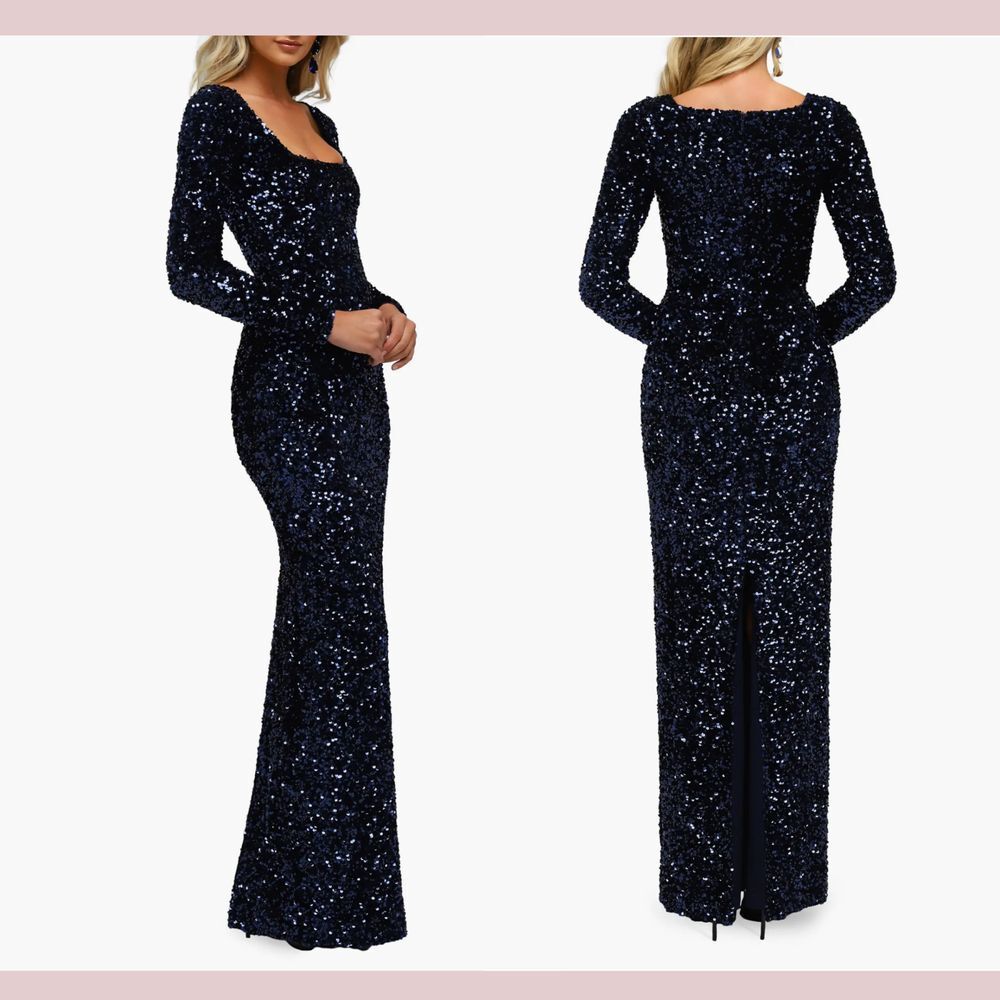 EUC‎ $455 HELSI [ Large ] Jamie Sequin Long Sleeve Gown in Midnight Blue #Q911
